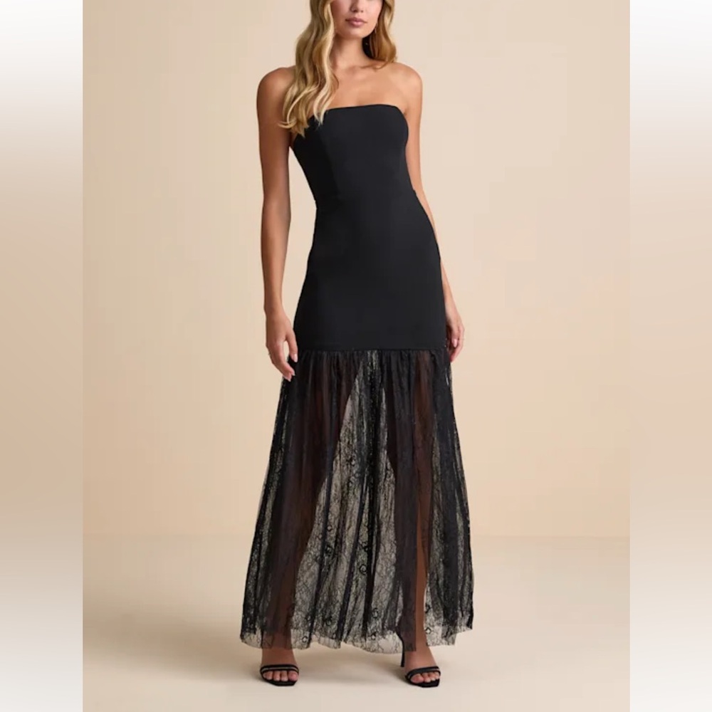 Lulu's Black Strapless Gown with Lace Skirt